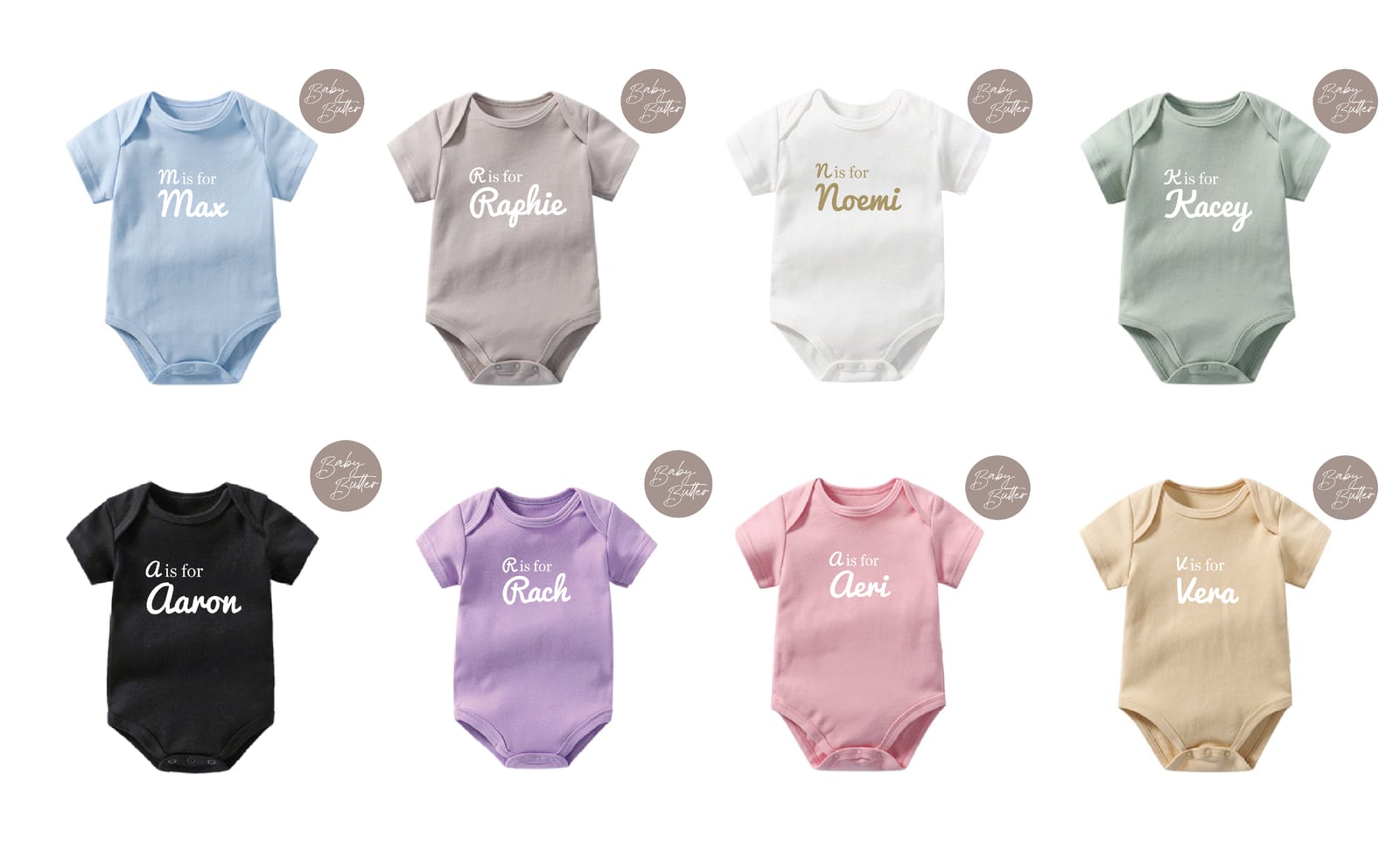 100% Soft Cotton Baby Rompers with Alphabet + Name Customisation (A is for..?)