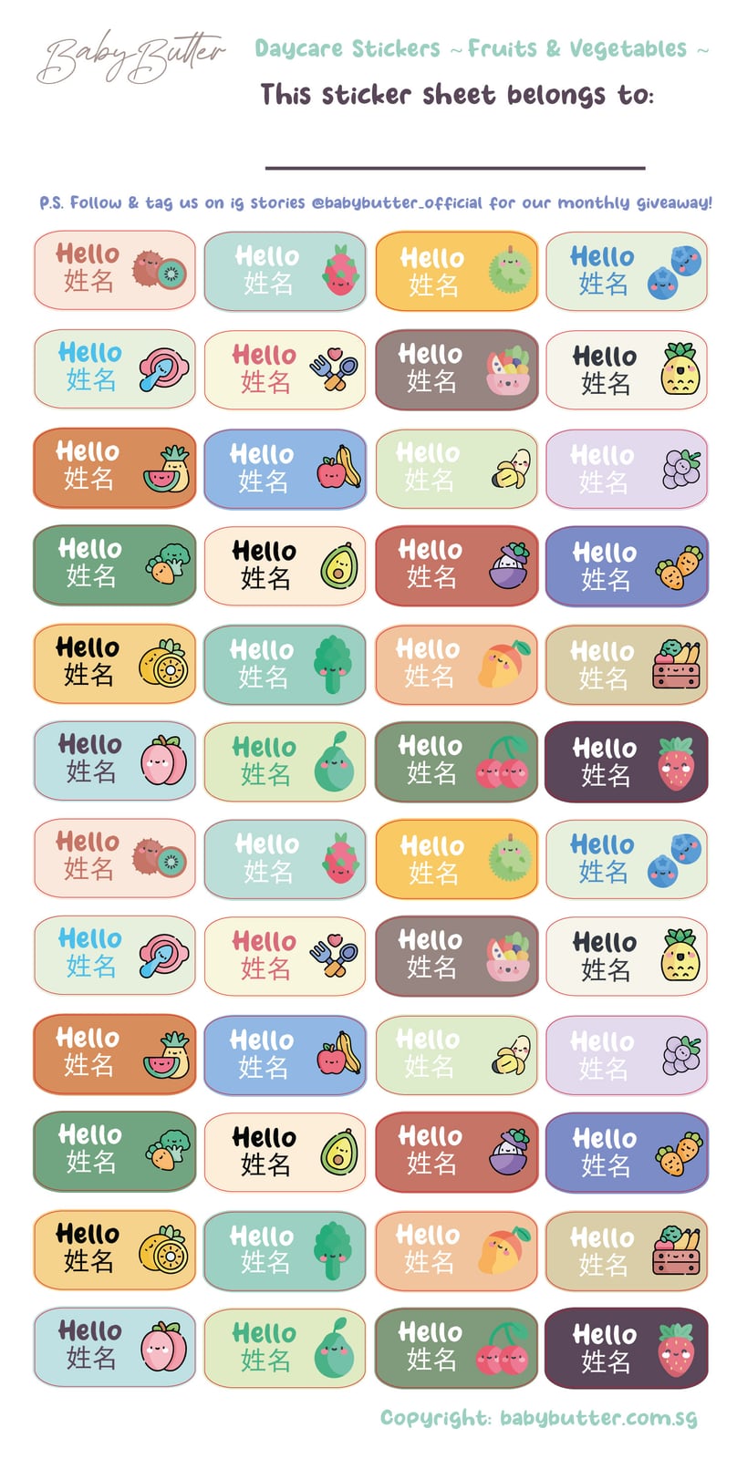 48 pcs Waterproof Name Labels/Personalised Stickers - Fruits + Vegetables 🍉 🥦