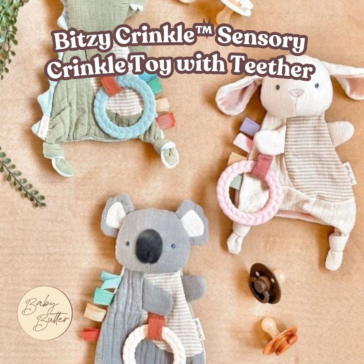 Bitzy Crinkle™ Sensory Toy With Teether (Bunny / Dino / Panda / Fox / Kitty)