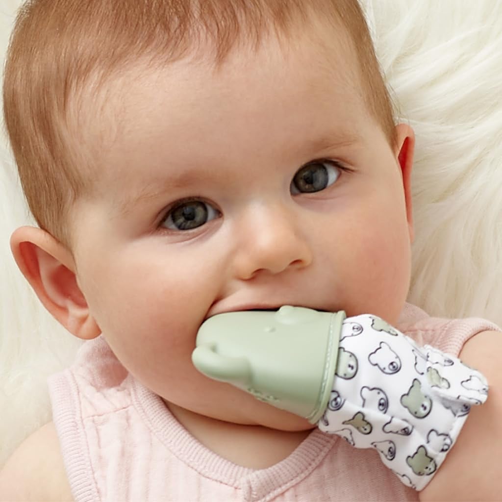 Itzy Mitt® Teething Mittens - Sage Green Bear, view 2