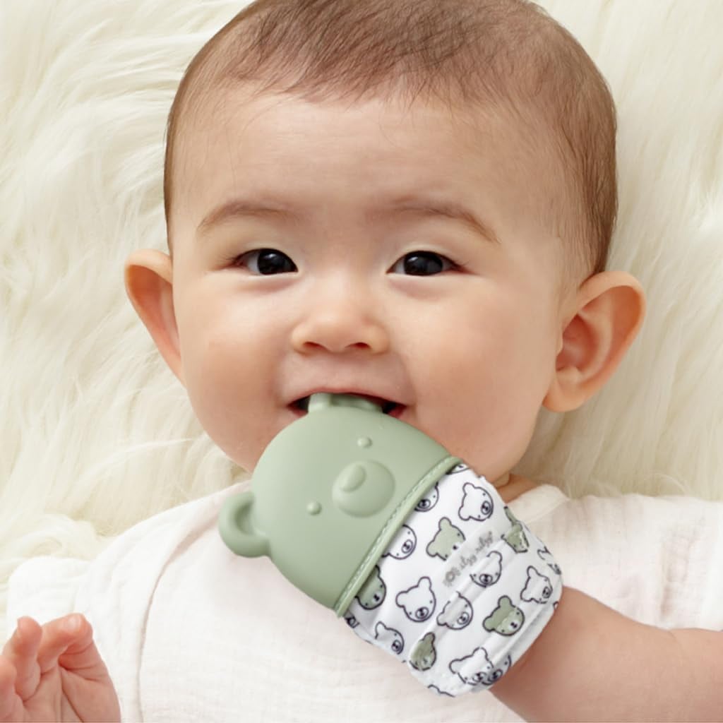 Itzy Mitt® Teething Mittens - Sage Green Bear, view 3