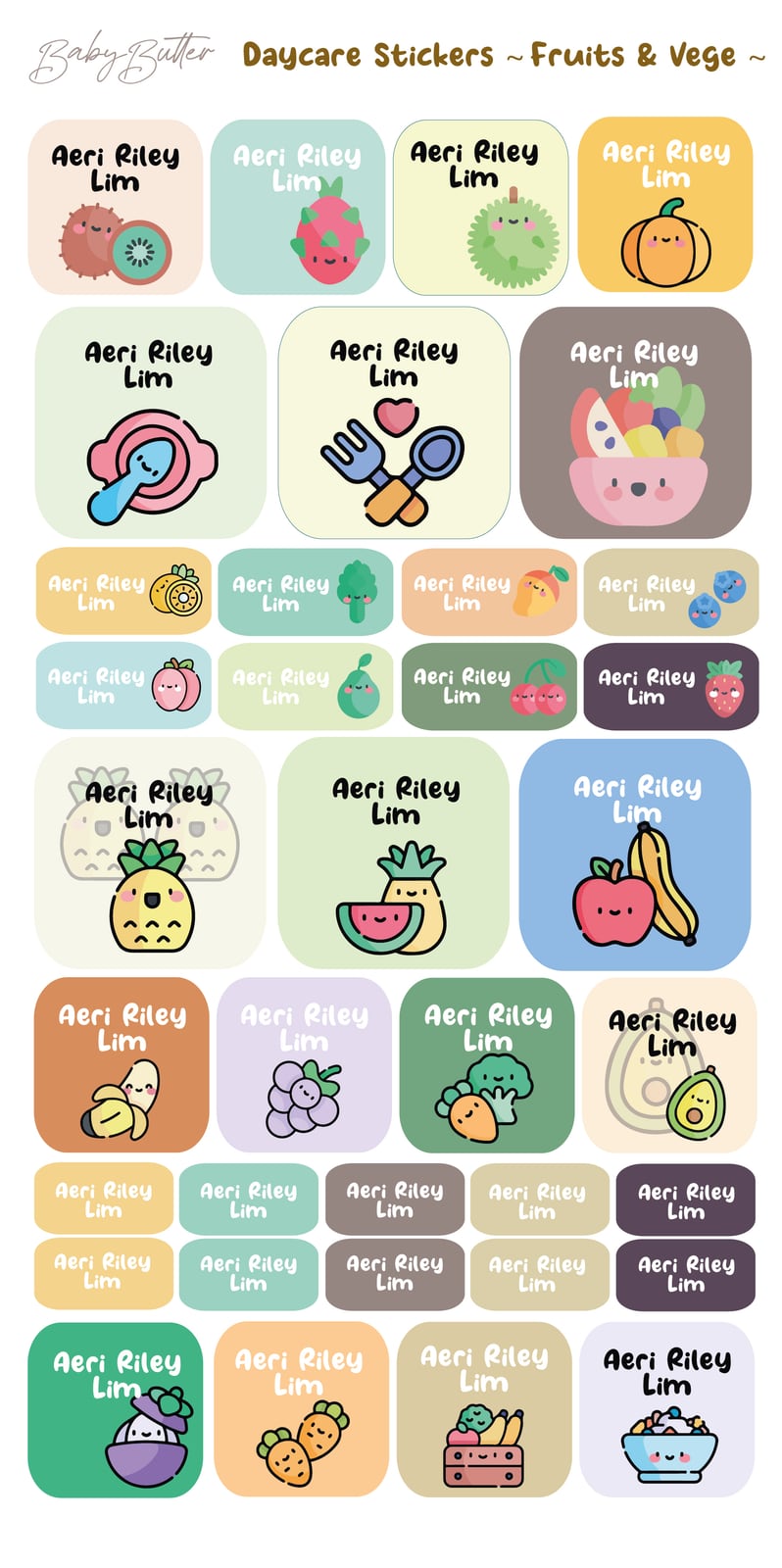 Waterproof Name Labels/Personalised Stickers - Fruits + Vegetables 🍉 🥦🍍